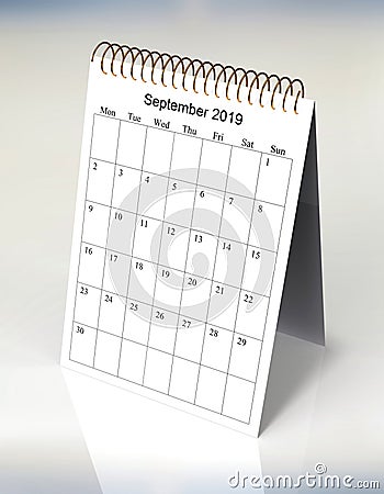 The original calendar for September, 2019. The beginning of week â€“ Monday Stock Photo
